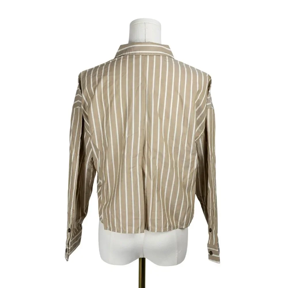 Everlane XS The Boxy Oxford Cropped Button Down Tan Stripe NWT